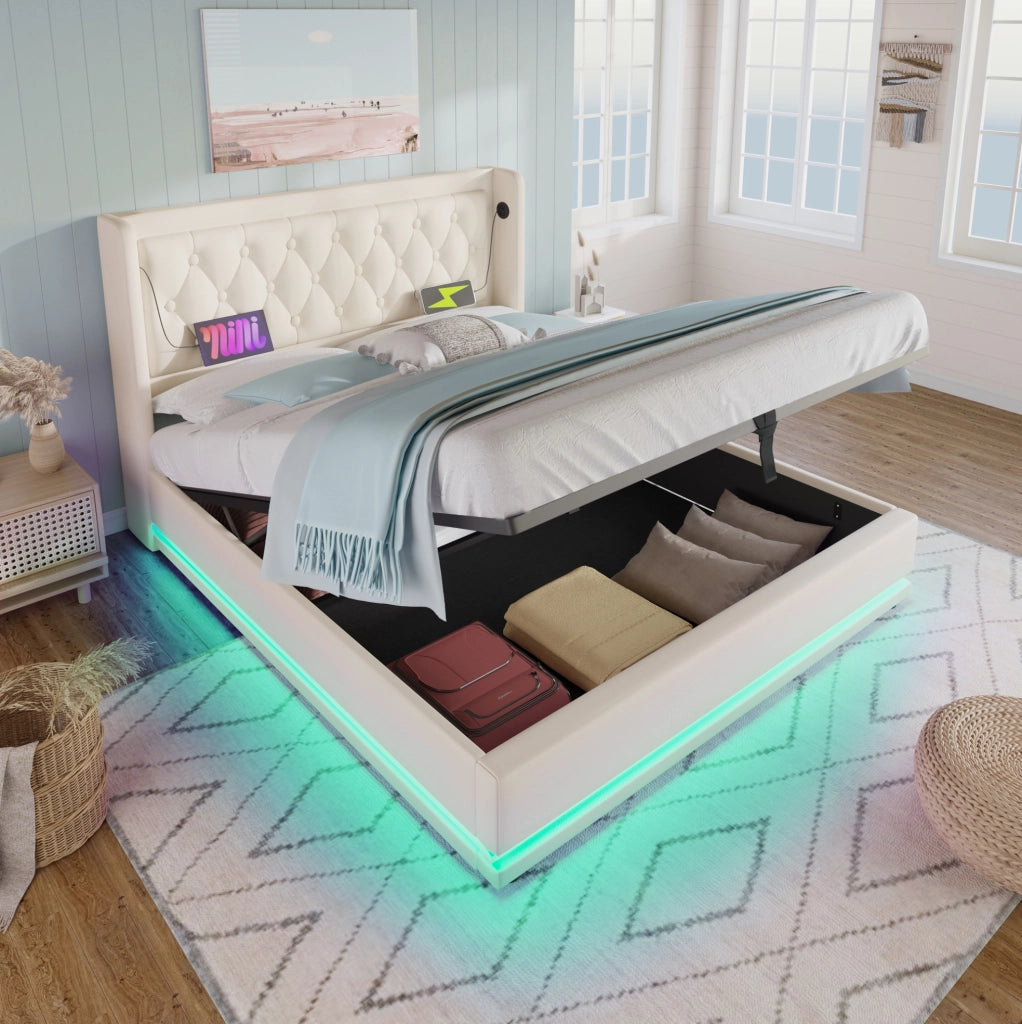 Letto matrimoniale 160x200 cm con contenitore; LED e USB-C; in PU bianco