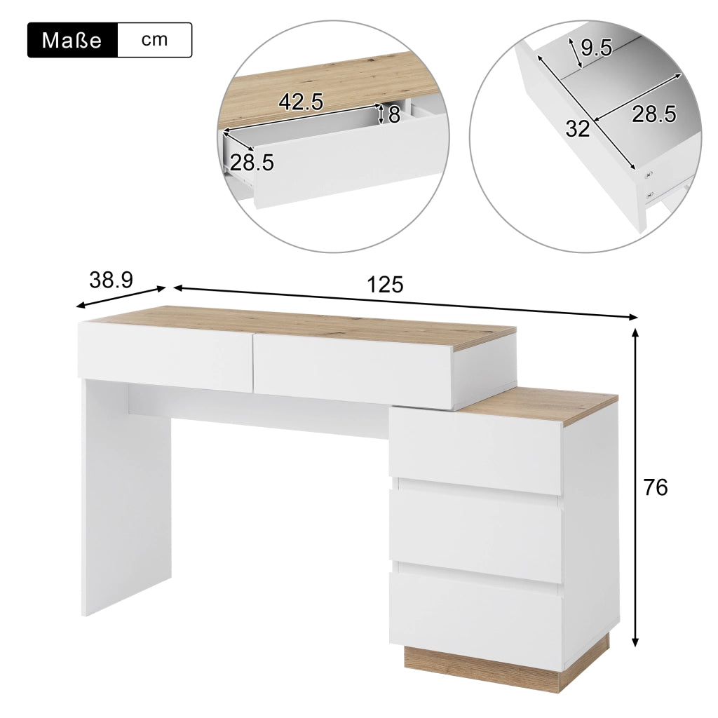 Tavolo da toeletta classico con 5 cassetti capienti, per camera da letto, in pannello truciolare E1. bianco e rovere
