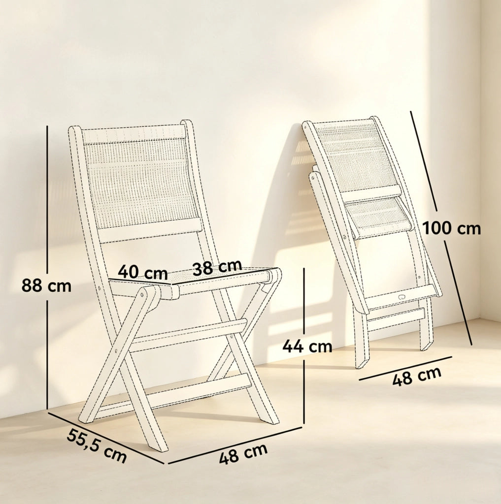 Set di 2 Sedie da Giardino Pieghevoli in Legno di Acacia e Cordino PP, 48x55,5x88 cm, Naturale/Beige