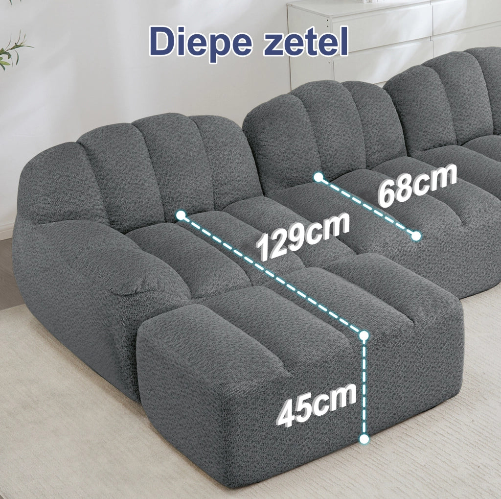 Divano modulare angolare a 3 posti con pouf, schiuma ad alta densità 32D, rivestimento in fleece granulato grigio