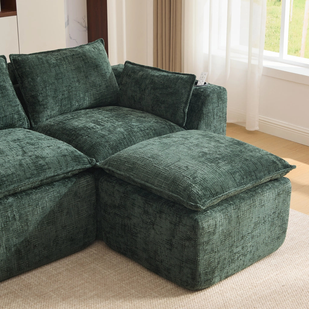 Divano componibile con pouf 256x161x75 cm in ciniglia verde; tasche laterali e cuscini