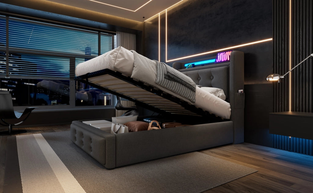 Letto singolo 90x200 cm con testiera imbottita, funzione di ricarica USB-C, struttura in legno e metallo, colore grigio, senza materasso