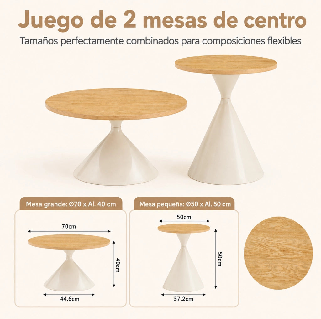 Set di 2 Tavolini rotondi da salotto, Ø70 x H40 cm e Ø50 x H50 cm, piano in effetto legno crema con struttura in acciaio crema
