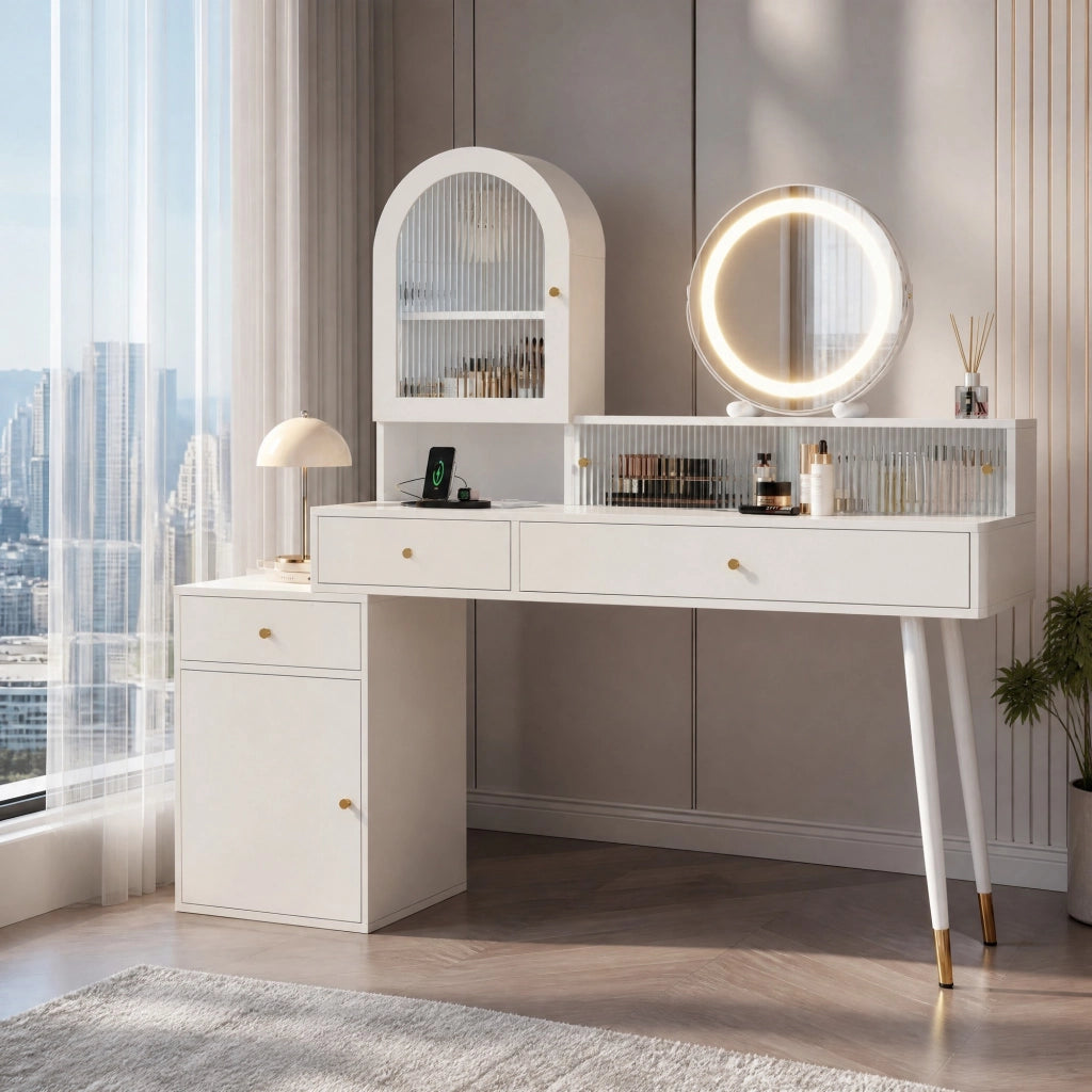 Toeletta bianca con specchio LED, prese e piano estensibile