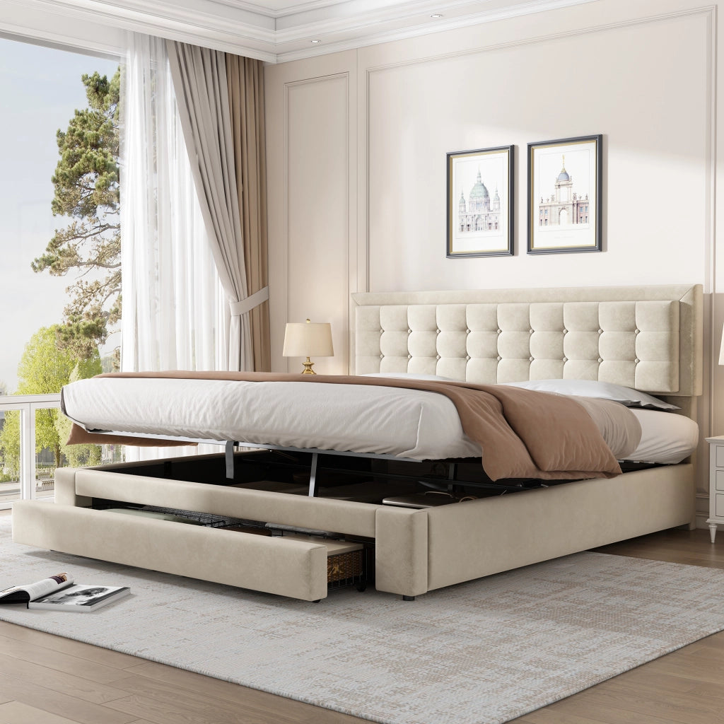 Letto contenitore 180 × 200 cm con testiera regolabile rivestito in velluto beige