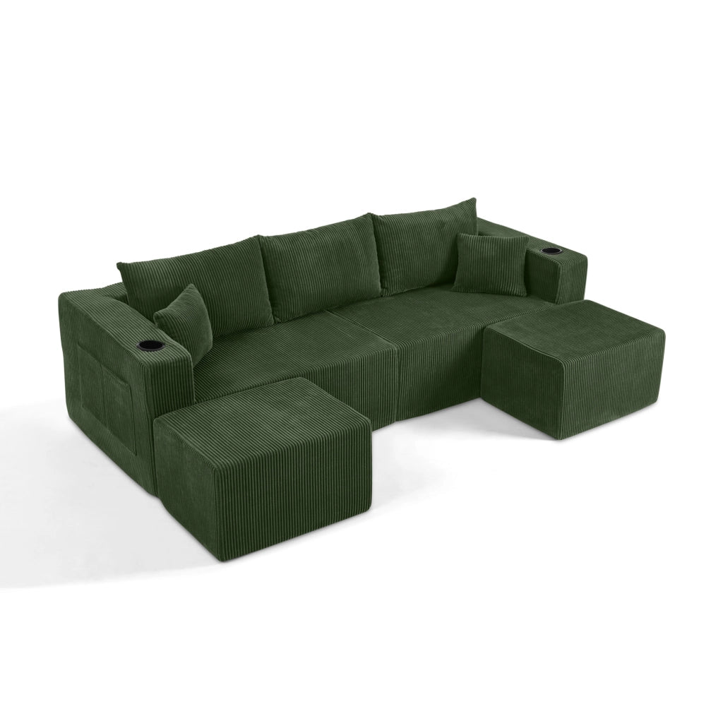 Divano angolare modulare 3 posti in tessuto vellutato beige con pouf mobili, portabicchieri e tasche laterali