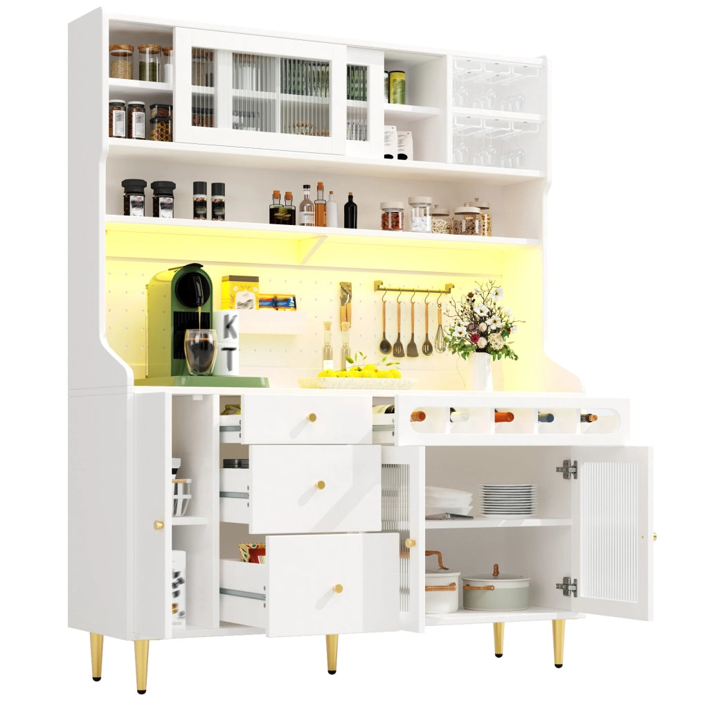 Hochschrank mit LED-Beleuchtung, verstellbaren Einlegeböden und Weinschublade, MDF/Glas/Metall, 145×39×171 cm, Weiß