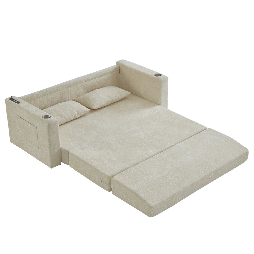 Divano letto 2 posti pieghevole con USB e portabevande in ciniglia beige