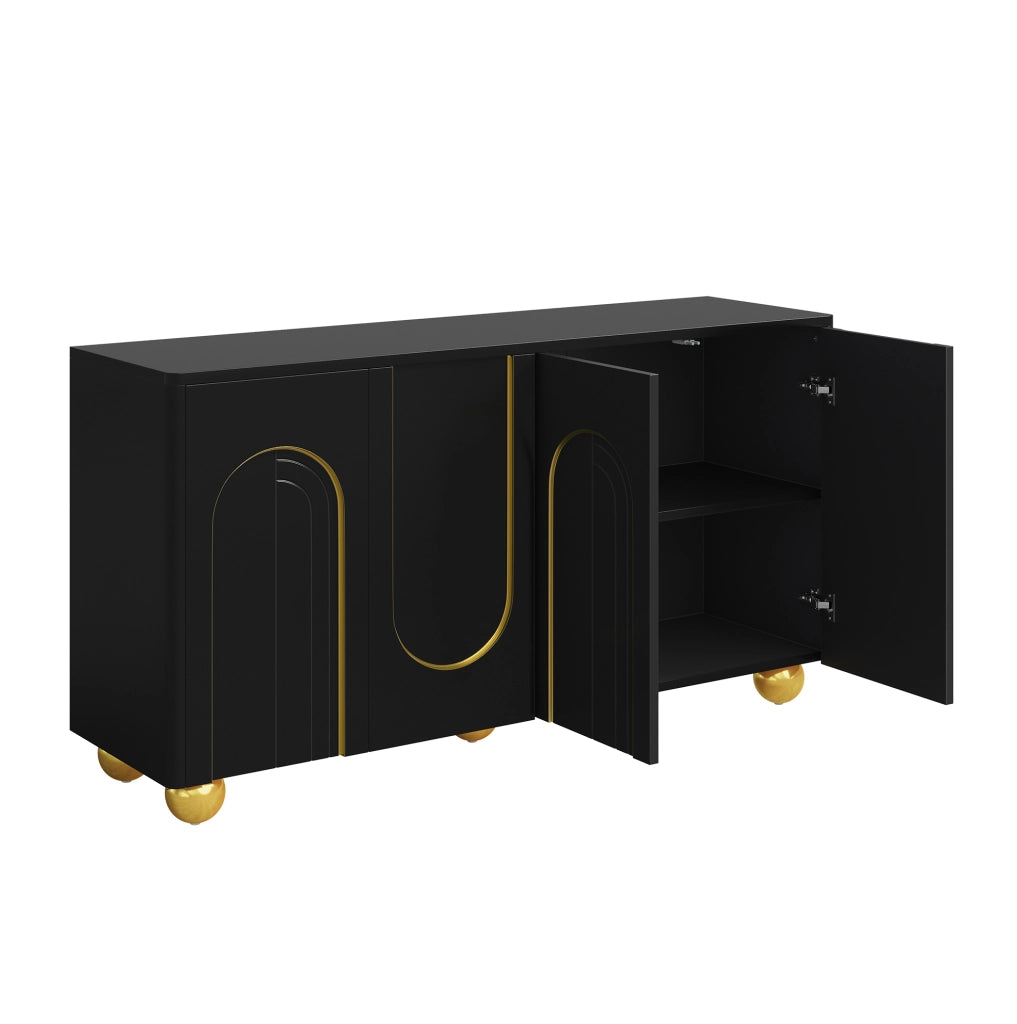 Sideboard 4 ante nero con decoro dorato, 140x40x74 cm
