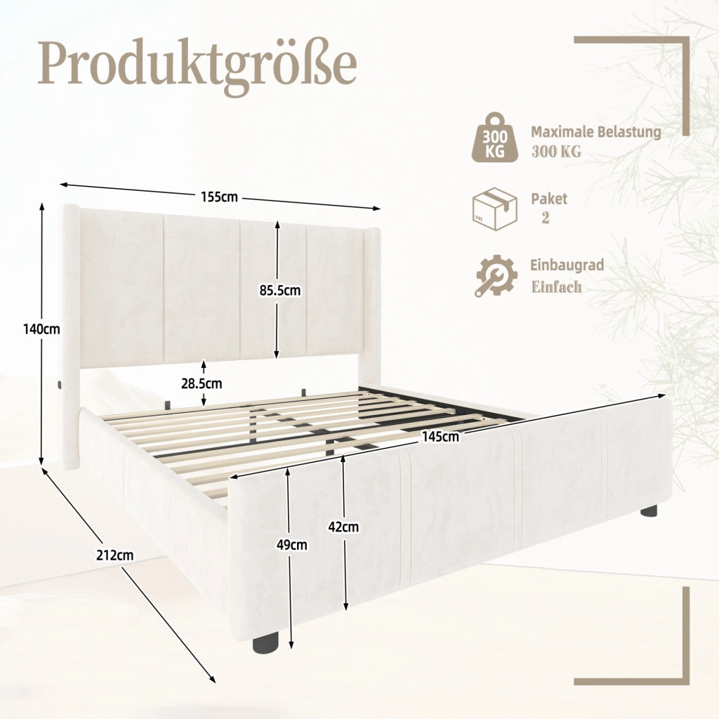 Letto imbottito 140 x 200 cm beige con testiera alta e porte USB/Type-C