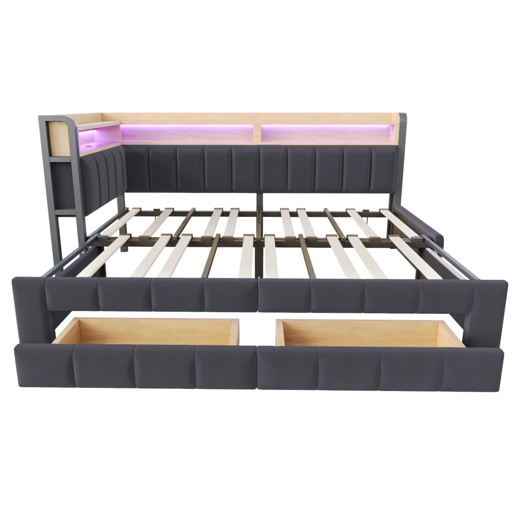 Letto estraibile 2 posti con 2 cassetti; LED regolabile; USB; Type-C e vani 90 × 200/180 × 200 cm