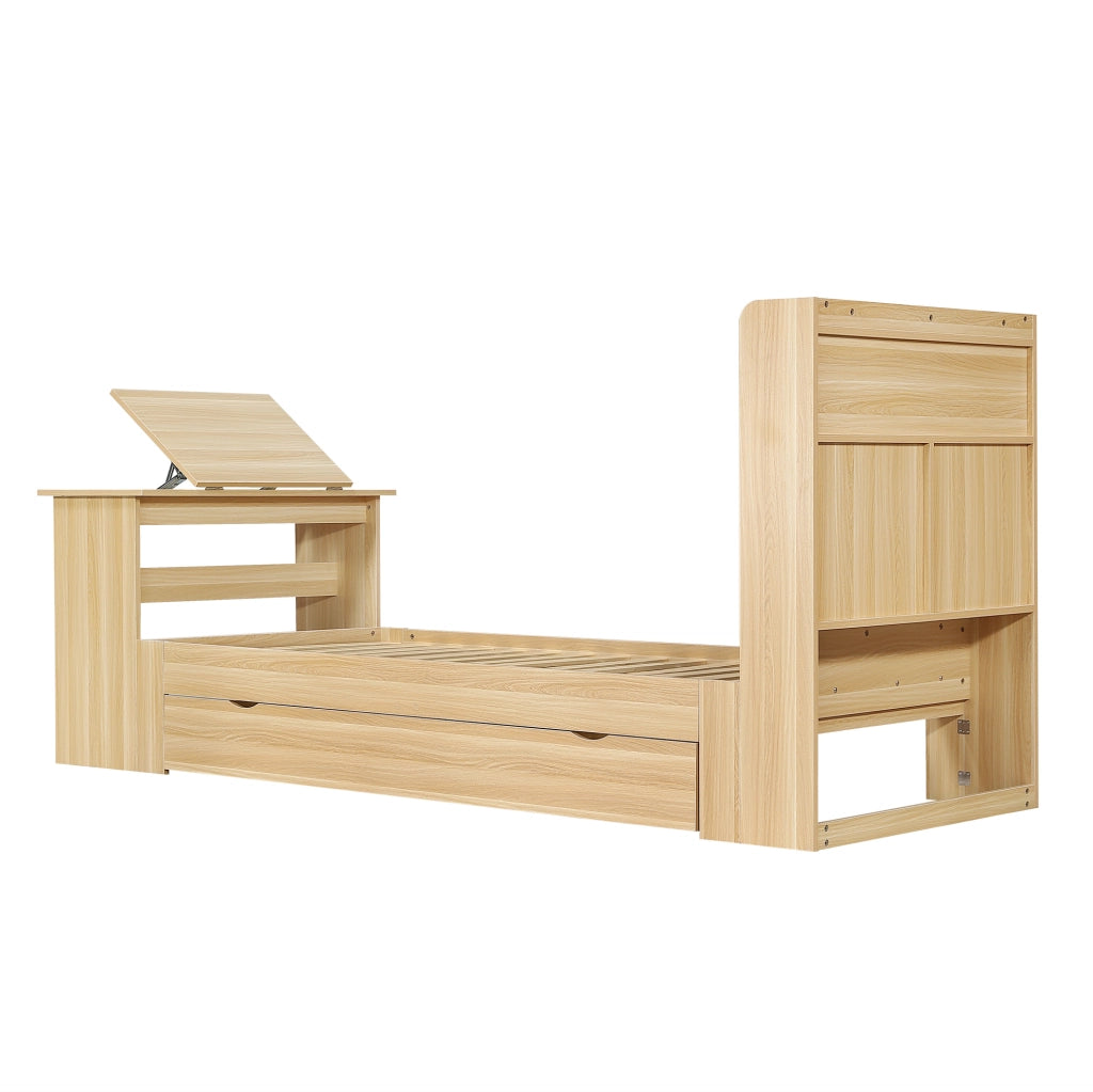 Letto singolo ULEVR 90x200 cm con cassetto, ripiano testiera e tavolo pieghevole regolabile, rovere naturale