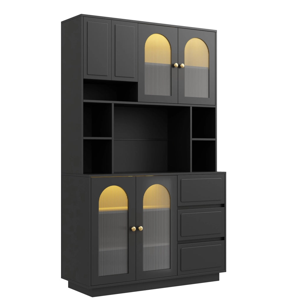 Credenza alta nera con LED app, ante acriliche e 3 cassetti