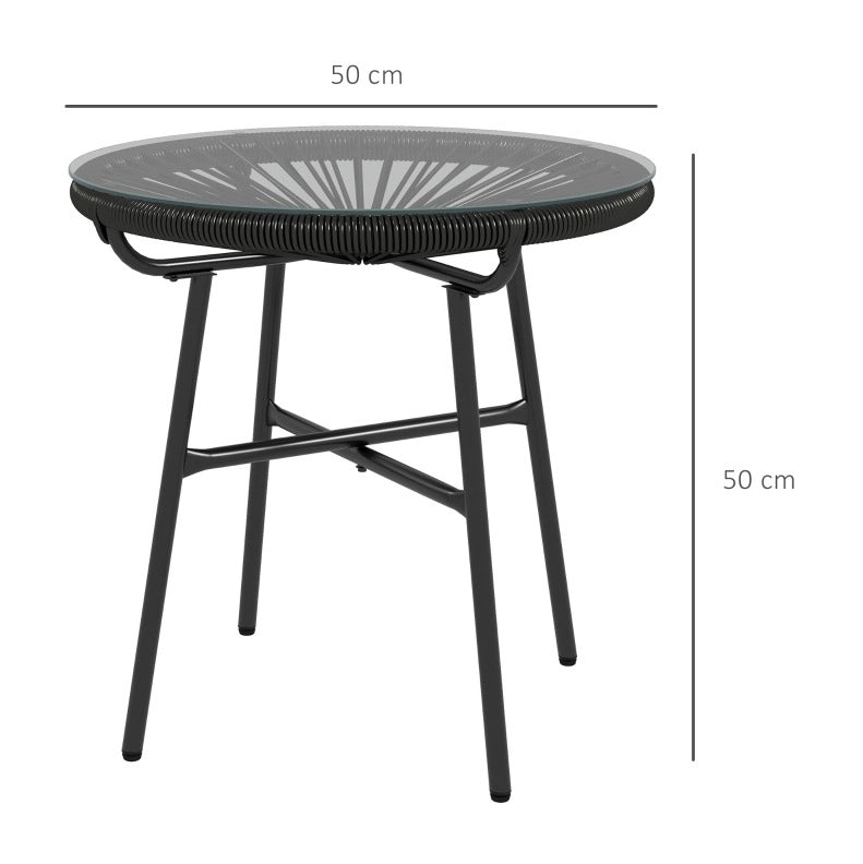 Tavolino da esterno in stile boho 50x50x50 cm in PE-rattan con piano in vetro temprato nero