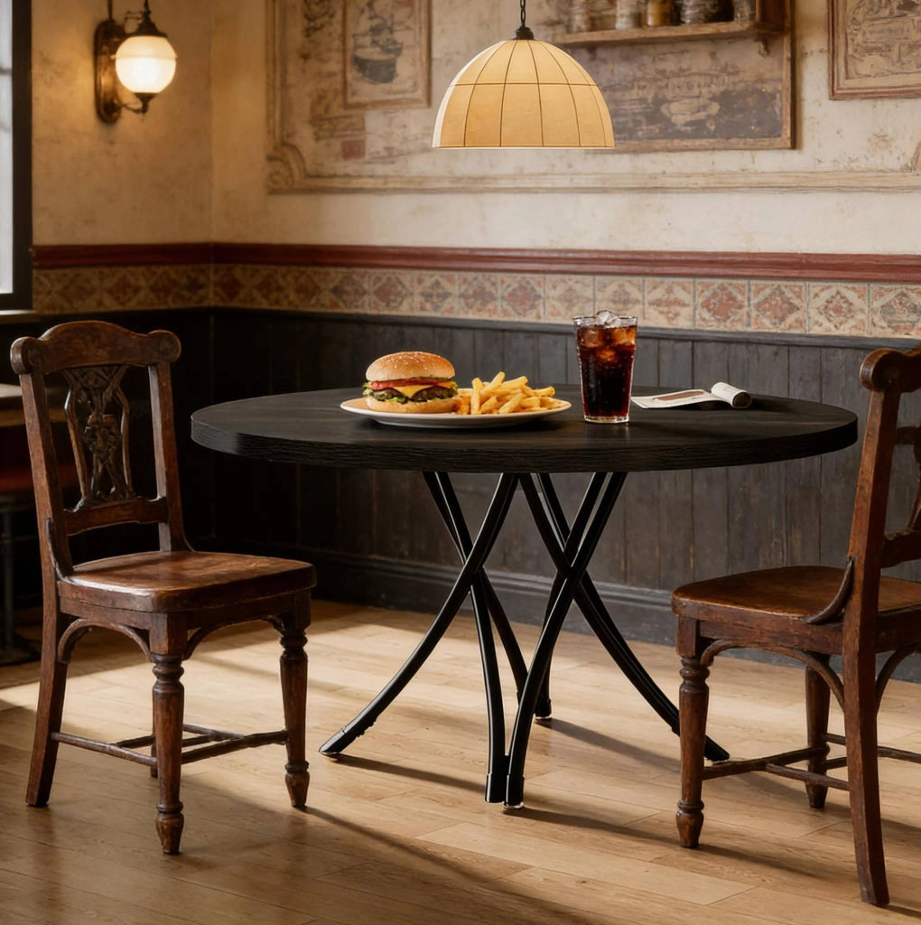 Tavolo da pranzo rotondo nero 120 cm per 4-6 persone con gambe a croce in stile moderno