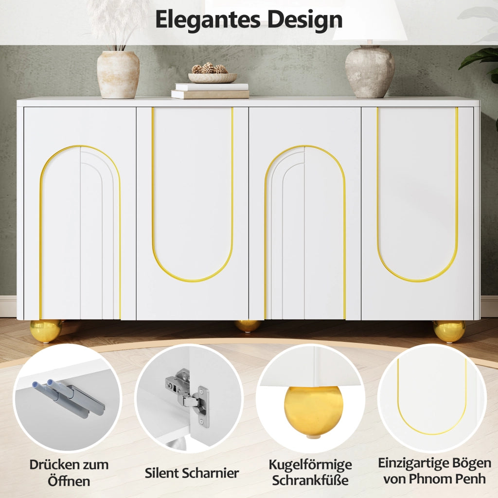 Sideboard bianco 4 ante con decoro dorato, 140x40x74 cm