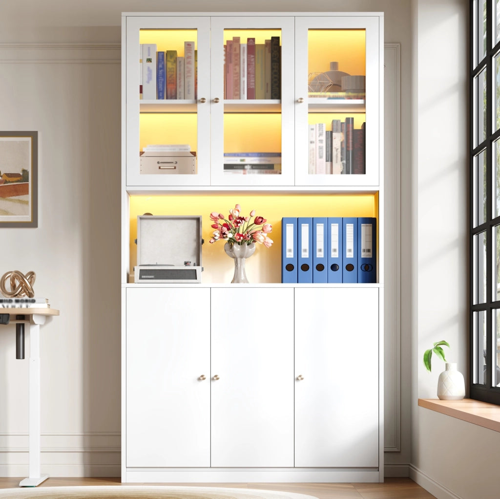 Libreria con vetrina 100x35x200 cm; LED regolabile e 3 ante in MDF bianco