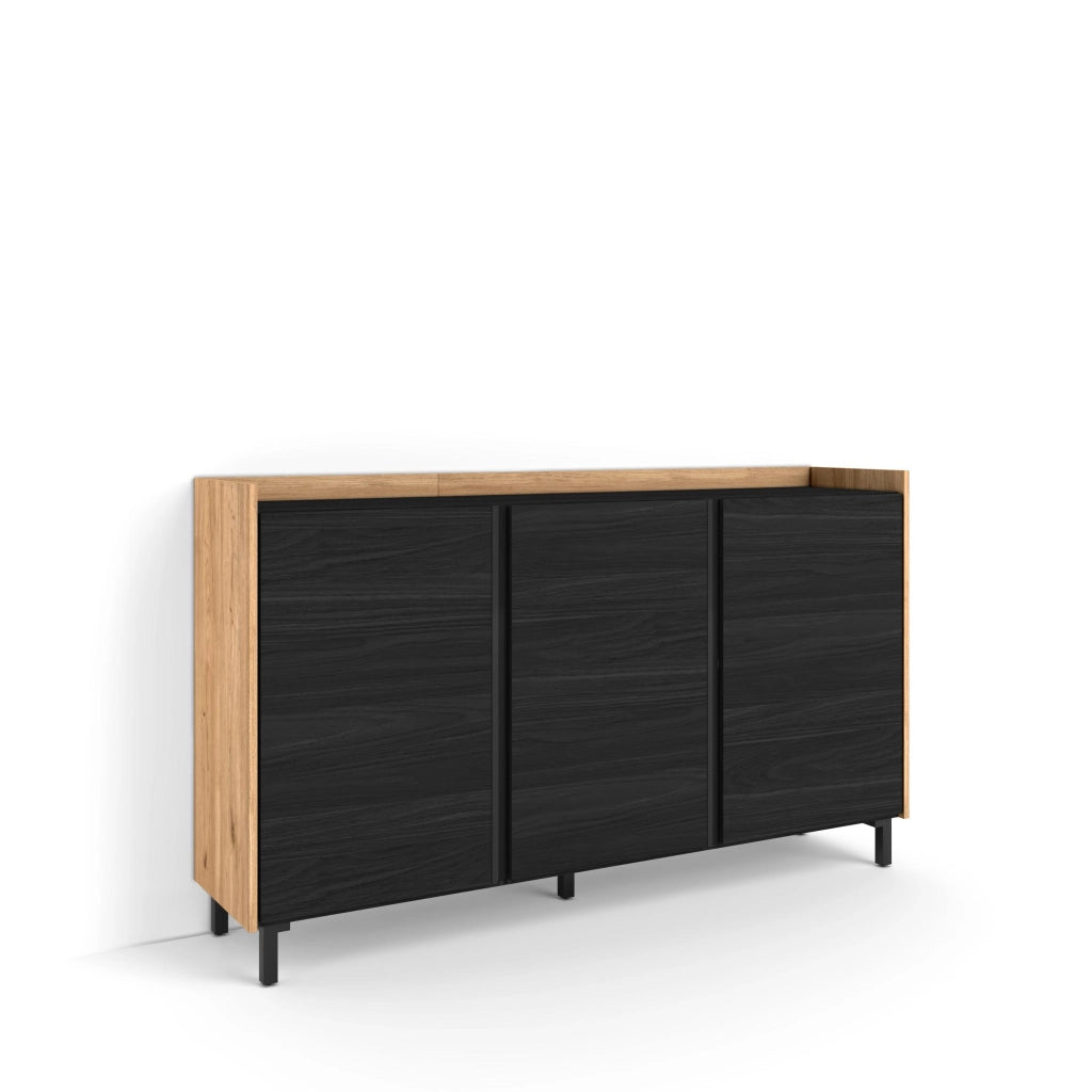 Credenza, Mobile, Cucina, 156x91x35 cm, 3 Porte, Design industriale, Nero e rovere