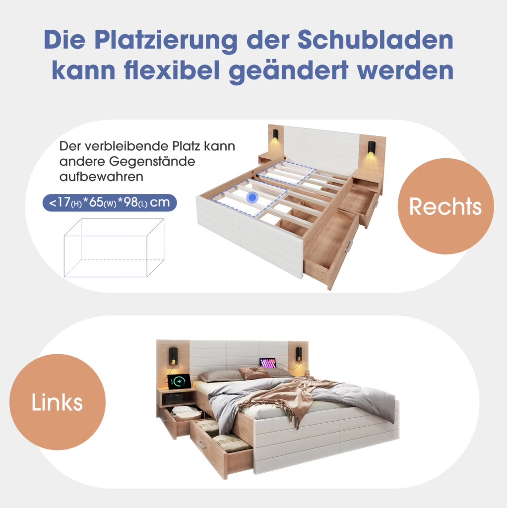 Letto matrimoniale 160 x 200 cm con cassetti, luce orientabile e USB