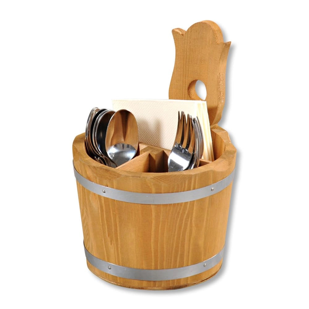 Contenitore per utensili in legno, con 3 scomparti, dimensioni 14x14x20 cm, colore marrone