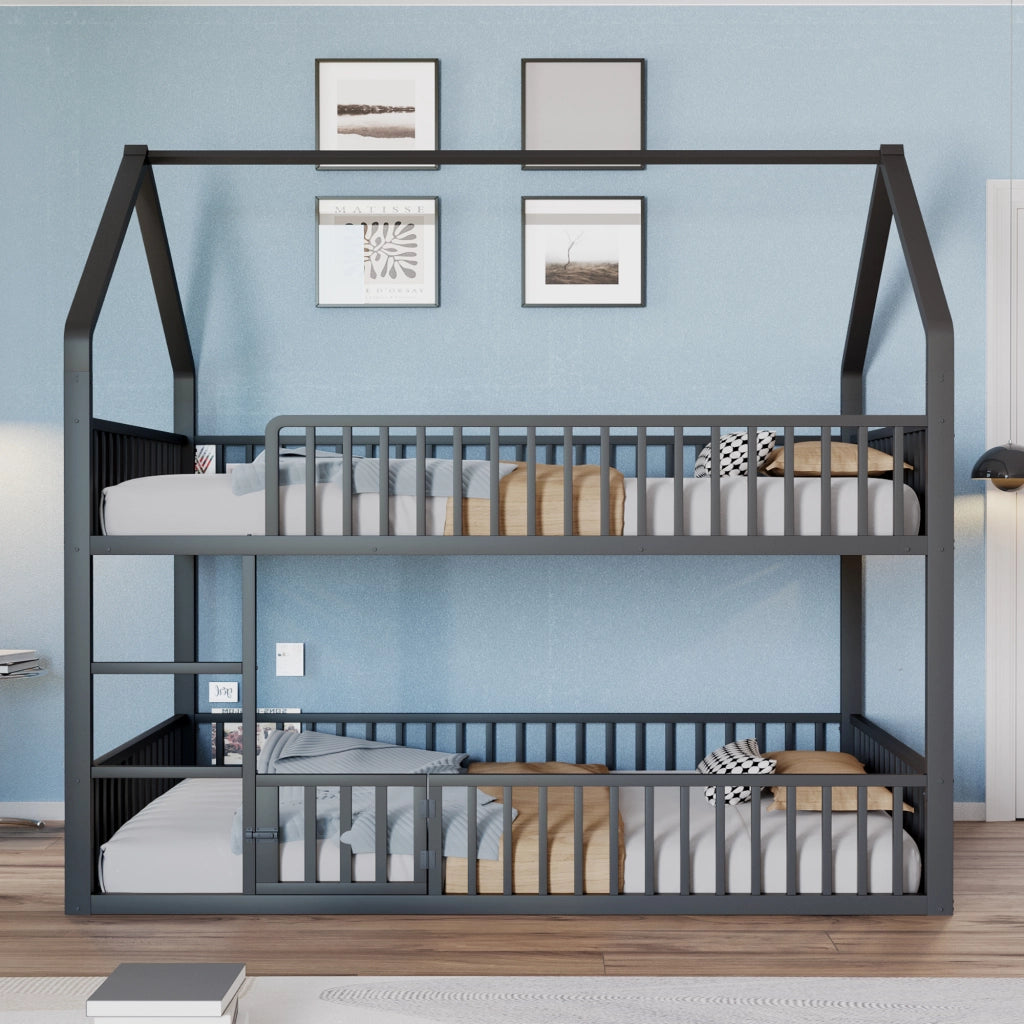 Letto a castello 140 × 200 cm 2 posti con scala frontale e porta apribile; senza materasso; in metallo nero
