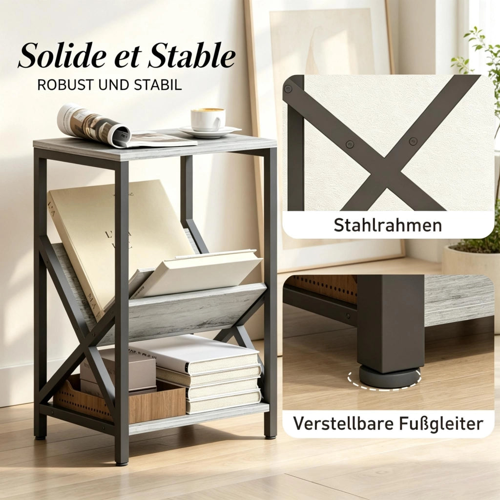 Tavolino laterale con portariviste a V e ripiano in pannello di particelle grigio scuro 40 × 30 × 61 cm