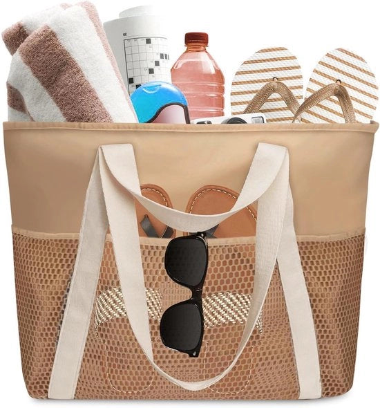 Borsa da spiaggia grande con chiusura a zip per signora - Ripiegabile e ultraleggera - Marrone