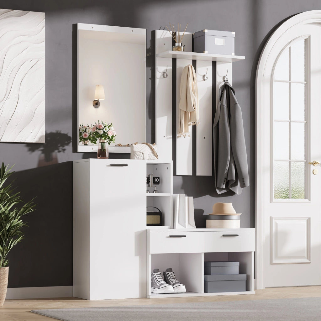 Mobile da ingresso con specchio, anta, 2 cassetti, 10 vani e 4 ganci per ingresso, in MDF bianco, 120 × 35 × 175,5 cm