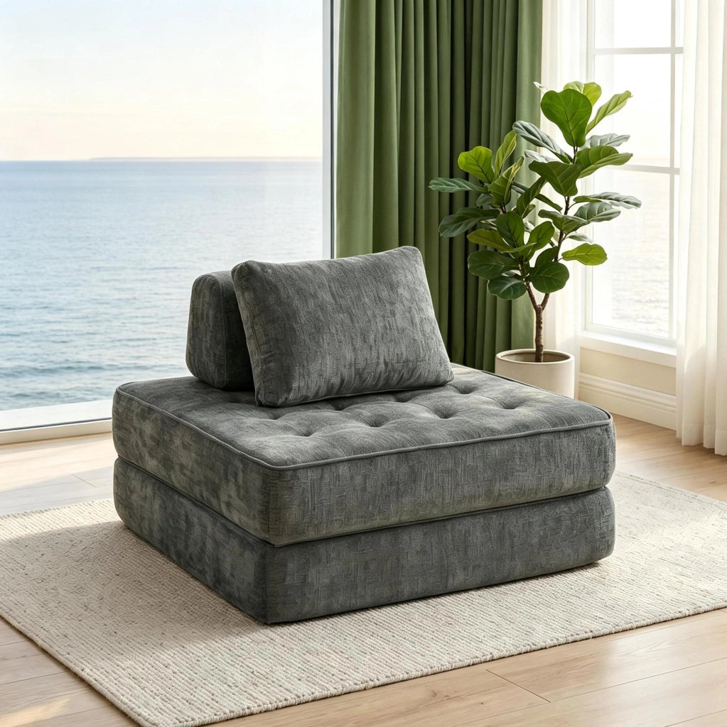 Poltrona letto singola ULEVR 97x194 cm in ciniglia grigia, 2 in 1 con cuscino e supporto trapezoidale