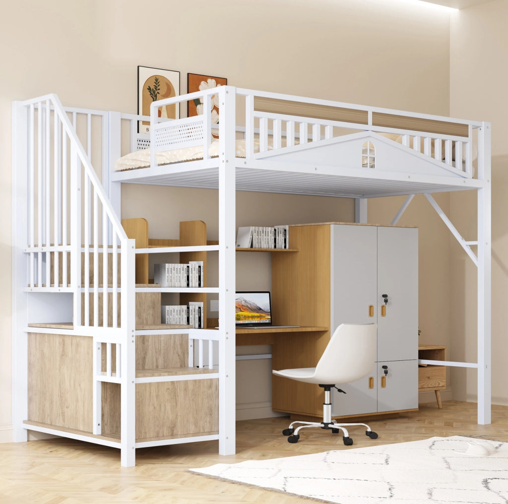 Letto a castello alto in metallo 90x200 cm con recinto di sicurezza a finestra e scala con armadietto, bianco