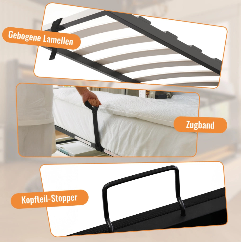 Letto singolo imbottito 90x200 cm con porta bicchiere nascosto, stazione di ricarica USB e contenitore sotto il letto, struttura in lino grigio senza materasso