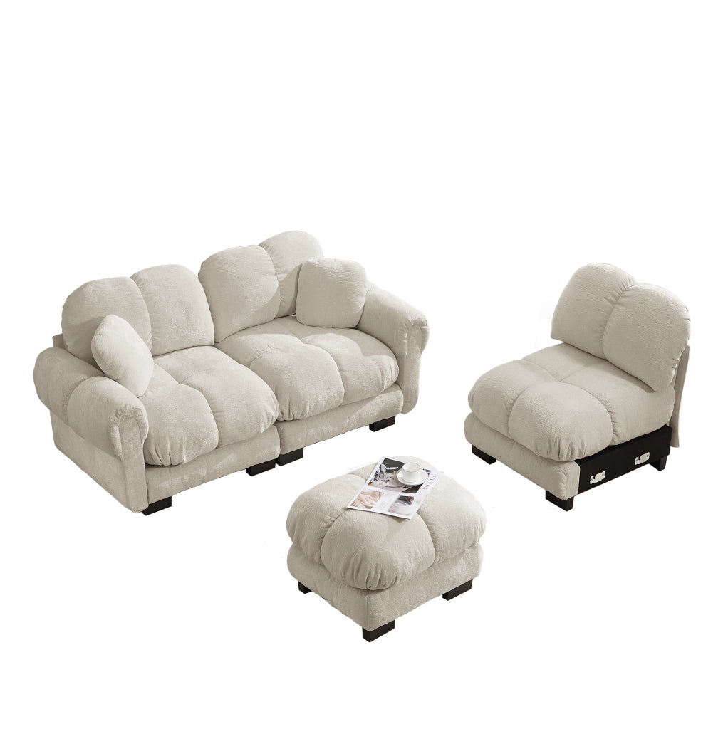 Divano angolare a 3 posti in chenille color kaki chiaro con pouf mobile e 2 cuscini decorativi