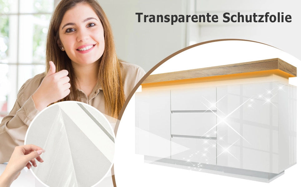 Sideboard bianco lucido con 2 ante, 3 cassetti e illuminazione LED controllabile via app, 81x140x39 cm