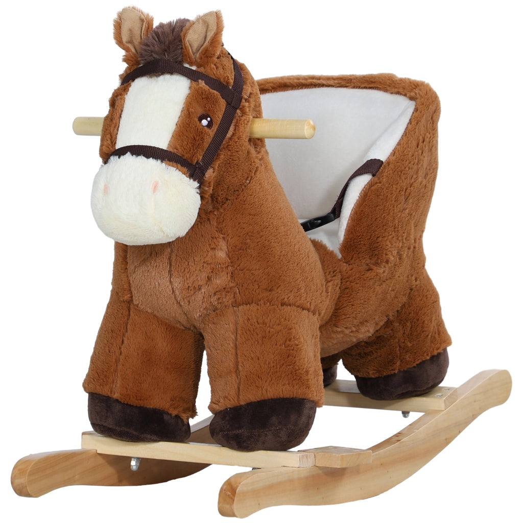 Cavallo a Dondolo per Bambini 18-36 Mesi con Suoni, Base in Legno e Cintura di Sicurezza, Marrone
