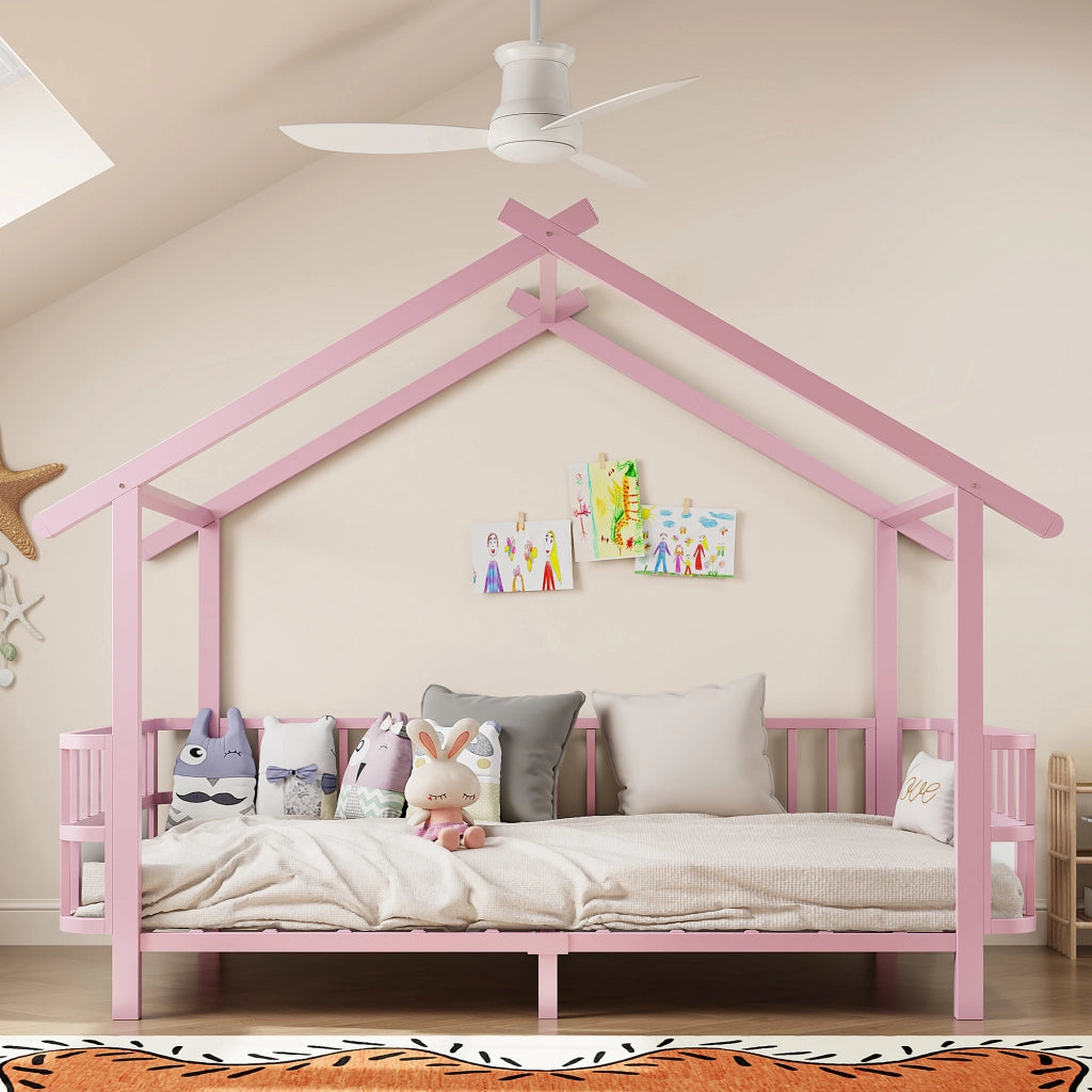 Letto per bambini in metallo a forma di casa, 90 x 200 cm, con griglia di sicurezza, design a tetto e cornice decorativa, per bambini e bambine, Rosa