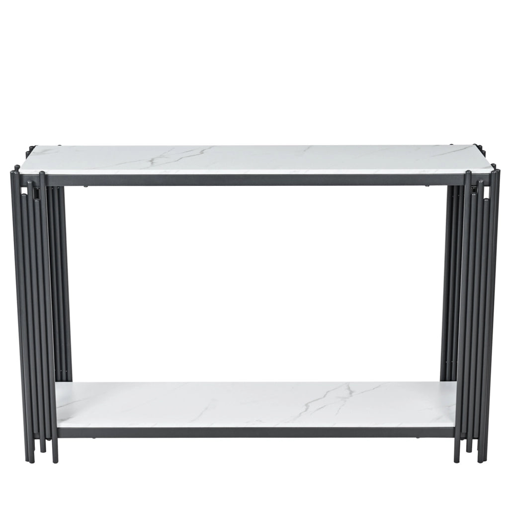 Tavolo Consolle Moderno con 2 Ripiani, Effetto Marmo Bianco, Struttura in Metallo Nero, L123.5 x P33.5 x H80 cm