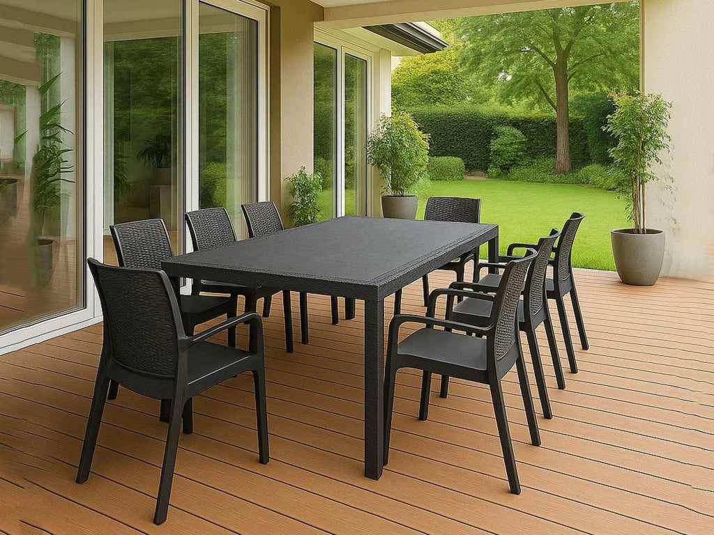 Set salotto da esterno Arret, Salottino outdoor, Tavolo rettangolare allungabile con 8 sedie con braccioli, Made in Italy, Antracite