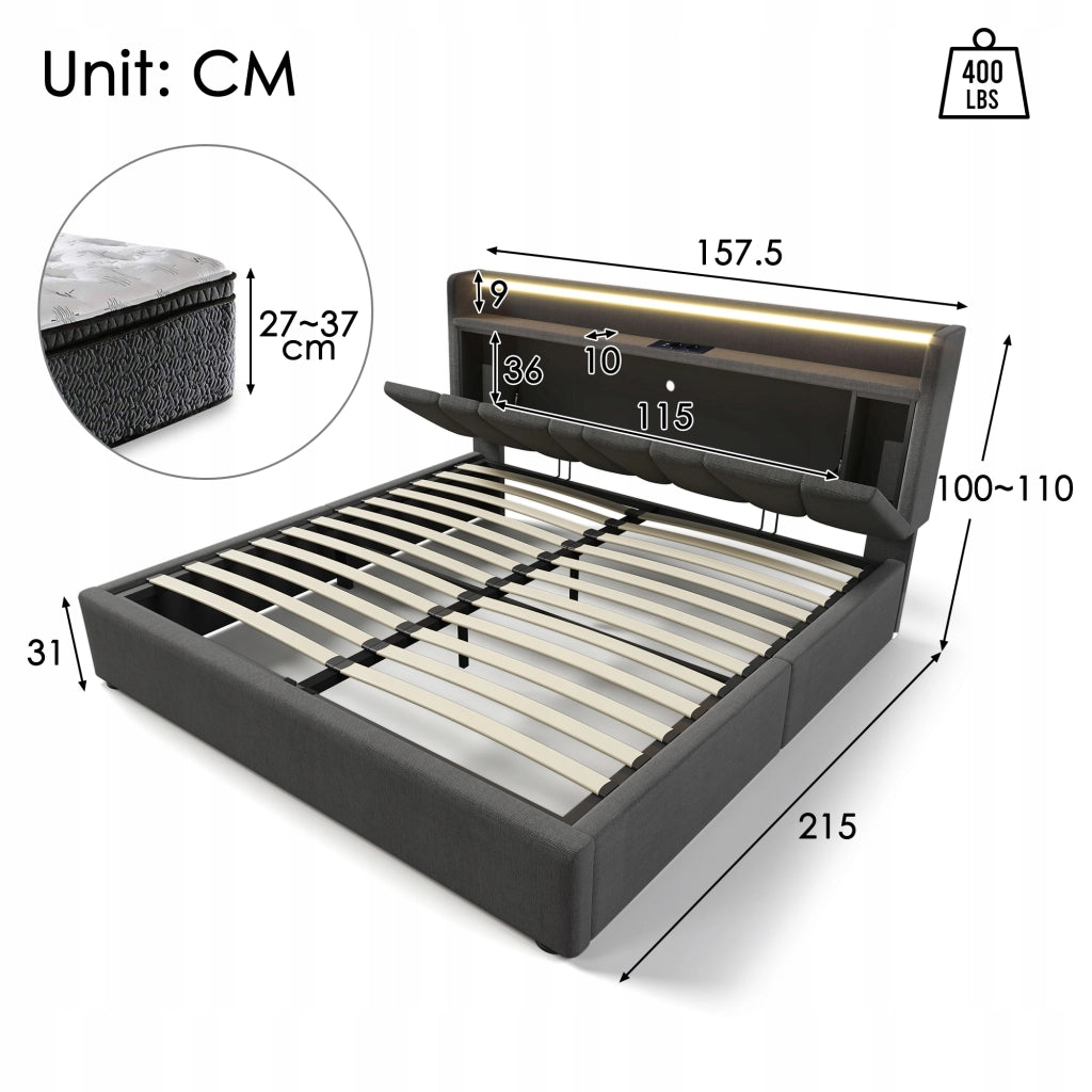 Letto imbottito con LED e USB - Xylo - 140x200 - Grigio