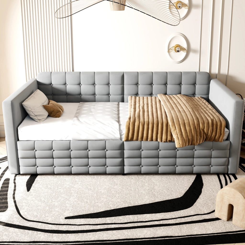 Letto divano 90×190 cm singolo con 2 cassetti e tasche laterali; senza materasso; in velluto grigio chiaro
