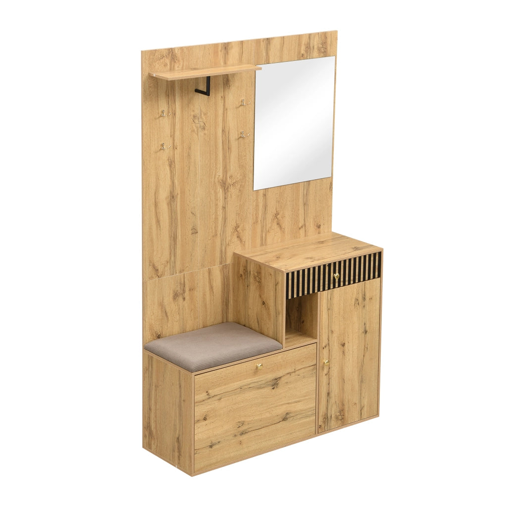 Mobile da ingresso con specchio e seduta imbottita, ante, cassetti, ripiani regolabili e appendiabiti, MDF nero naturale