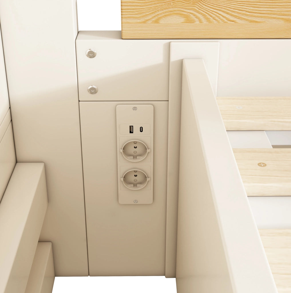 Letto a castello sfalsato in legno 90x200 & 140x200 cm con spazio idraulico, armadio a gradini, corrimano di sicurezza e USB-C, bianco e naturale, senza materasso