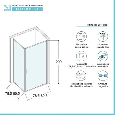 Box doccia angolare 80x80 cm con porta battente in cristallo trasparente Ted