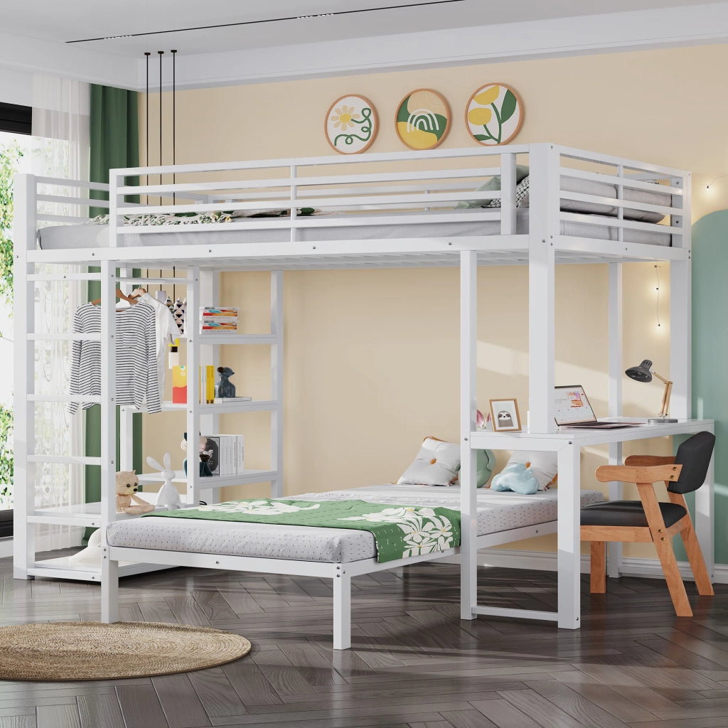 Letto a castello 90 x 200 cm, struttura in metallo, con scrivania, presa di ricarica, 4 ripiani portaoggetti, bianco