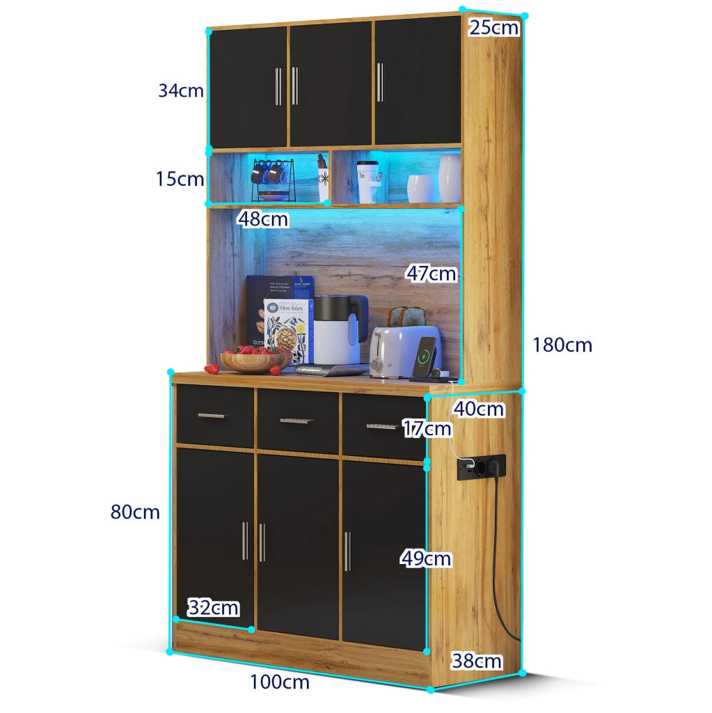 Buffet multifunzionale 100x40x180 cm con LED controllati da app, cassetti, ripiani regolabili e prese integrate, ideale per cucina e sala da pranzo