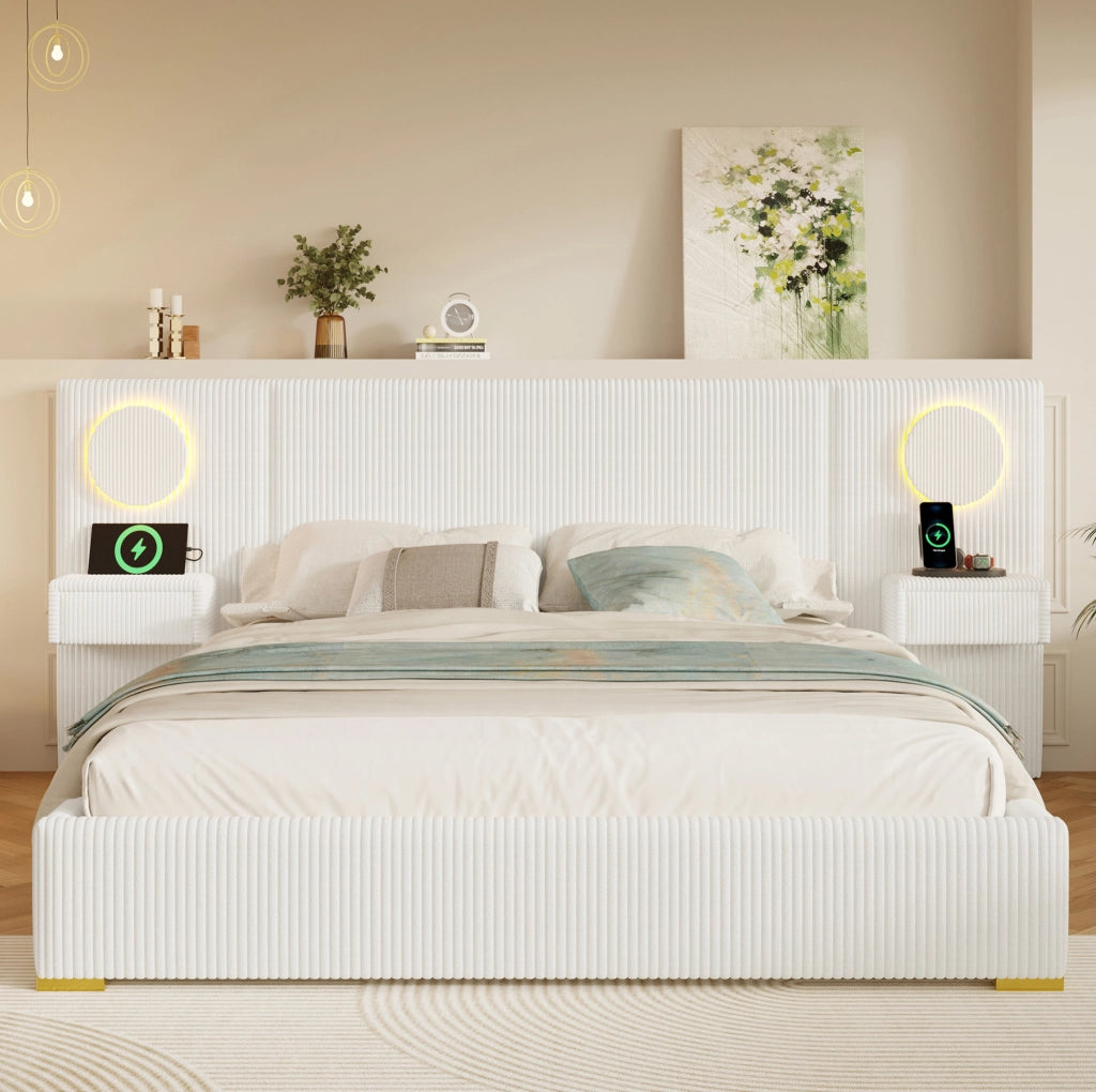 Letto imbottito beige 180x200 cm con LED, USB e comodini
