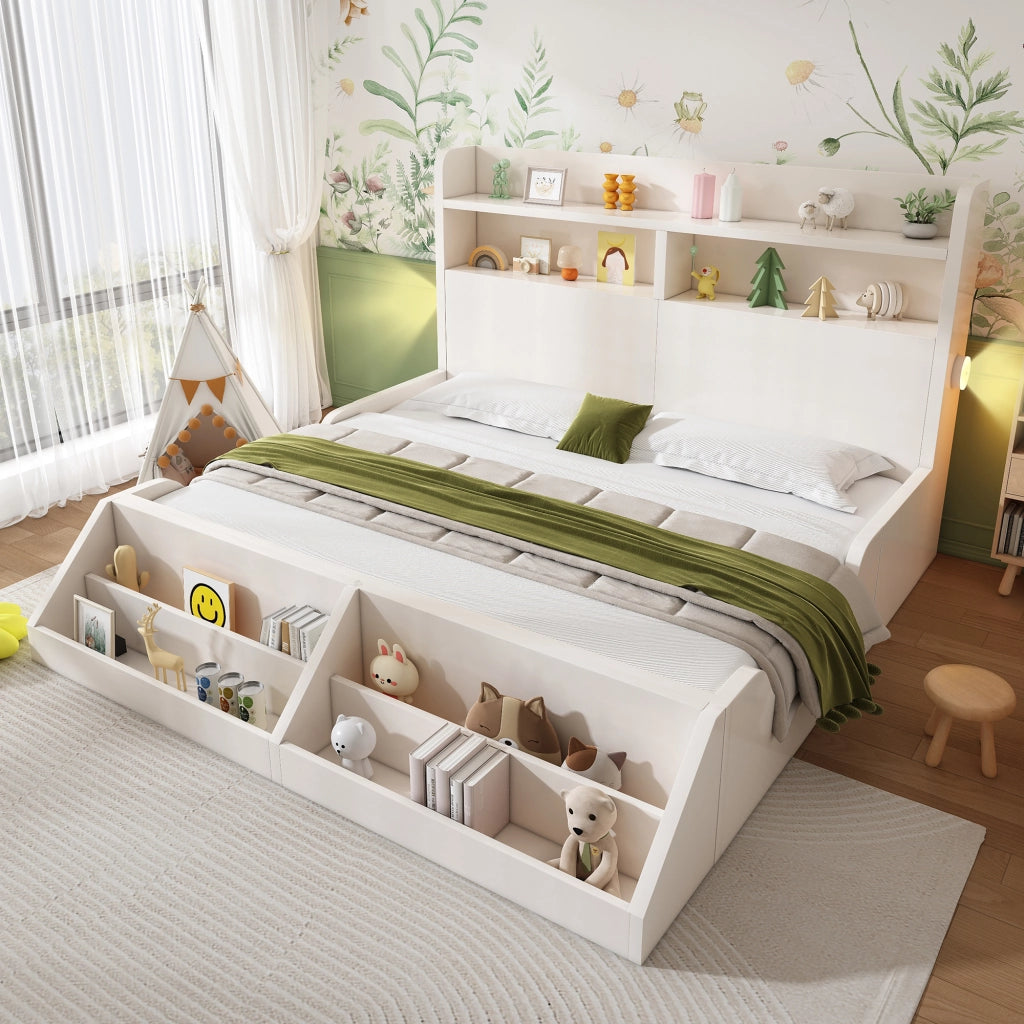 Letto matrimoniale con rete a doghe 140 × 200 cm in legno bianco con luci notturne e libreria rimovibile