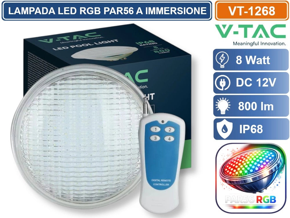 V-TAC VT-1268 LAMPADA LED RGB DA PISCINA PAR56 8W IP68 12V ATTACCO A VITE CON TELECOMANDO SKU 217558