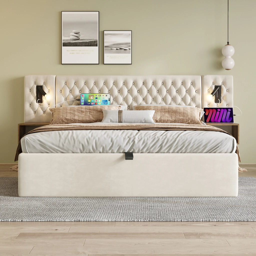 DESMIU Letto contenitore 2 posti con 2 comodini, USB, Type-C e luci da lettura 180 × 200 cm, senza materasso