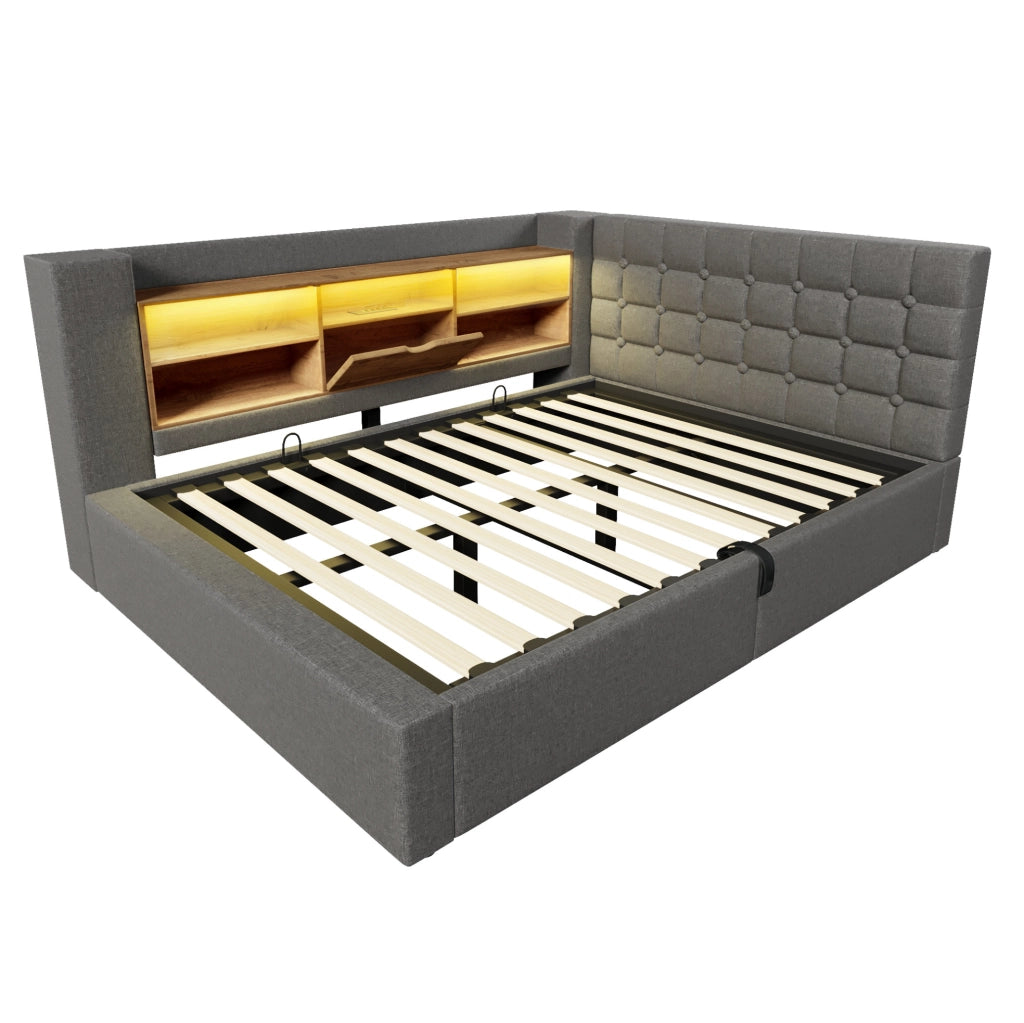 Letto 140x200 cm con contenitore idraulico; LED e porte USB in lino grigio