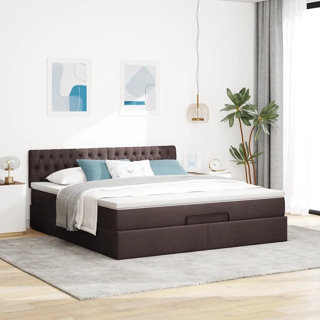 Pouf Letto con Materasso e LED Marrone Scuro 180x200cm Tessuto